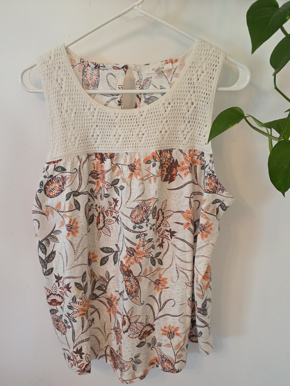Maurices Cream Crochet Yoke Floral Camisole with Peach and Brown Print